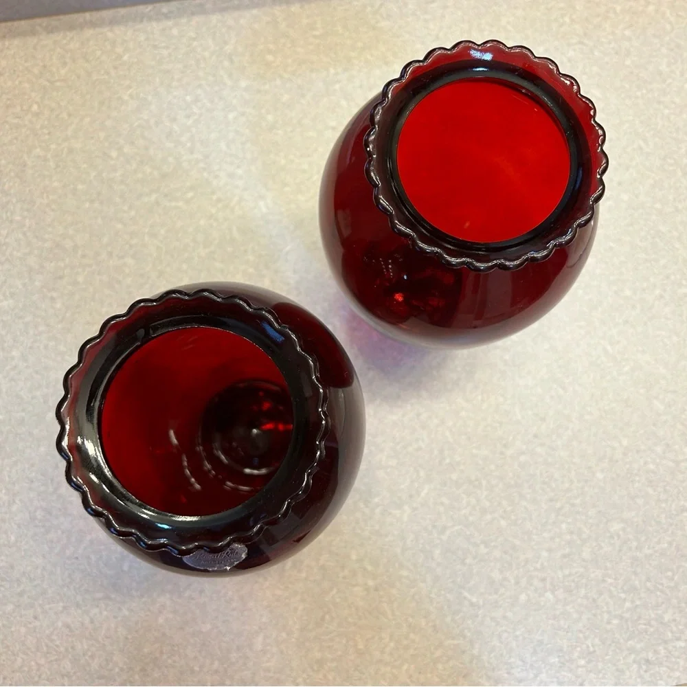 Pair of 2 Royal Ruby Anchor Hocking Tall Vases 9” high Deep Red Glass Vintage